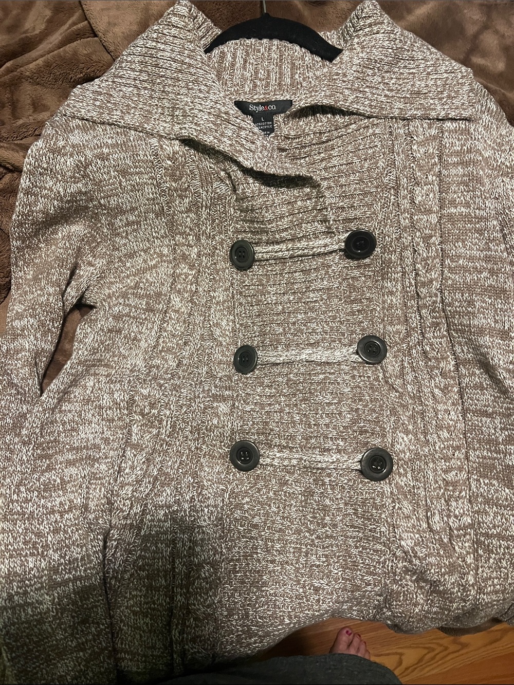 Style & Co. Marled Taupe Double-Breasted Knit Pea Coat